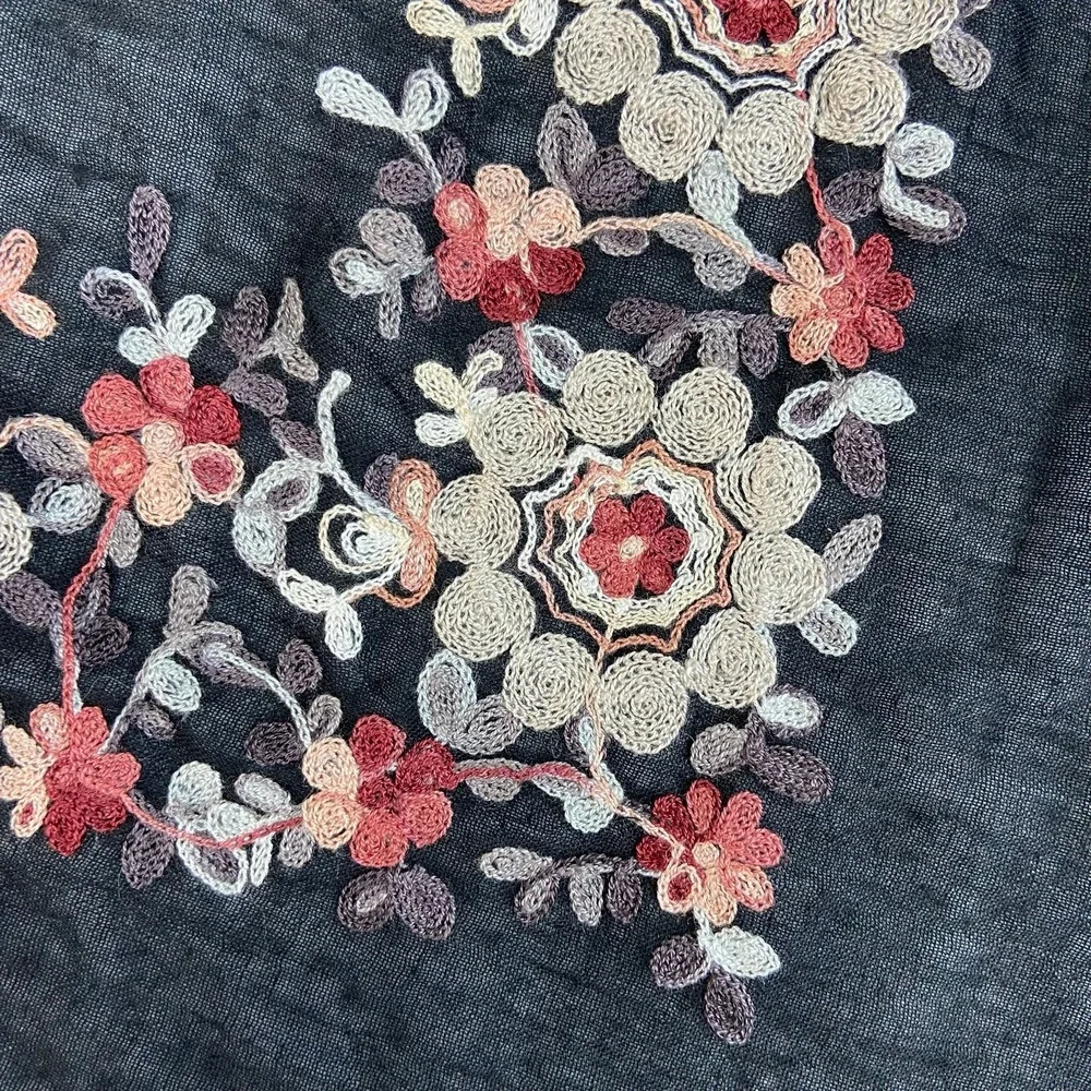NEW Lauren Conrad women's black floral embroidered fringe lightweight wrap scarf